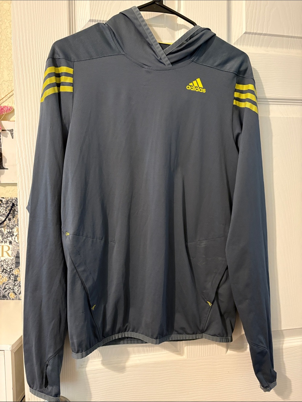 adidas Men's Blue Hooded Performance Jacket with Yellow Accents